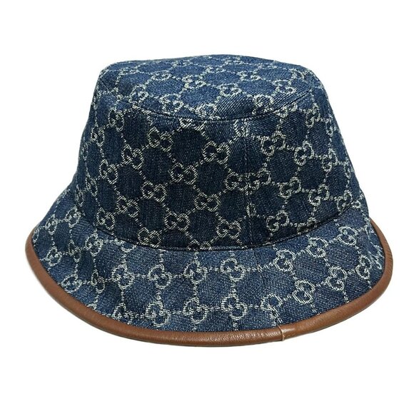 Auth GUCCI - Navy Beige Dark Brown Cotton Leather Hat - Picture 8 of 9